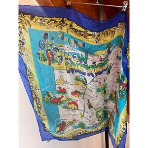 Vintage 1940s 1950s New Mexico State Travel Souvenir Scarf Blue Silk Rare Motel